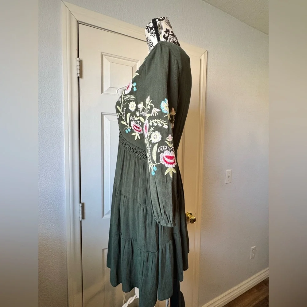 Francesca's Olive Green Embroidered V-Neck Tiered Dress - Picture 6 of 10